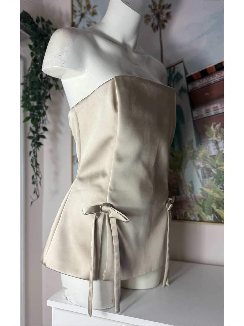 Zara Cream Satin Strapless Bustier Top Bow Tie Detail Size XXL 2XL Structured - Picture 10 of 11